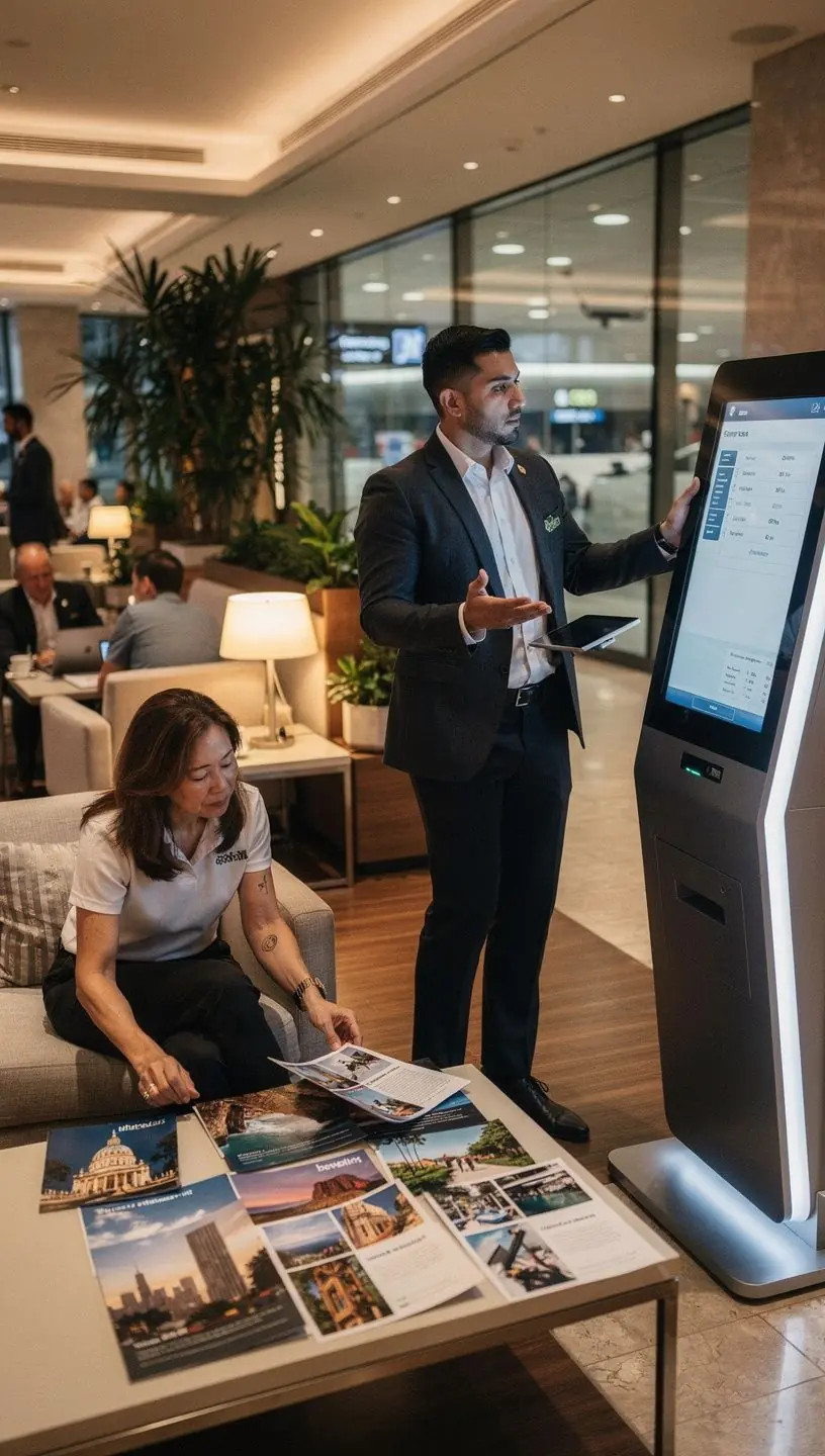 Пассажир аэропорта использует киоск консьержа для быстрого создания и распечатки плана поездки по популярным городам США