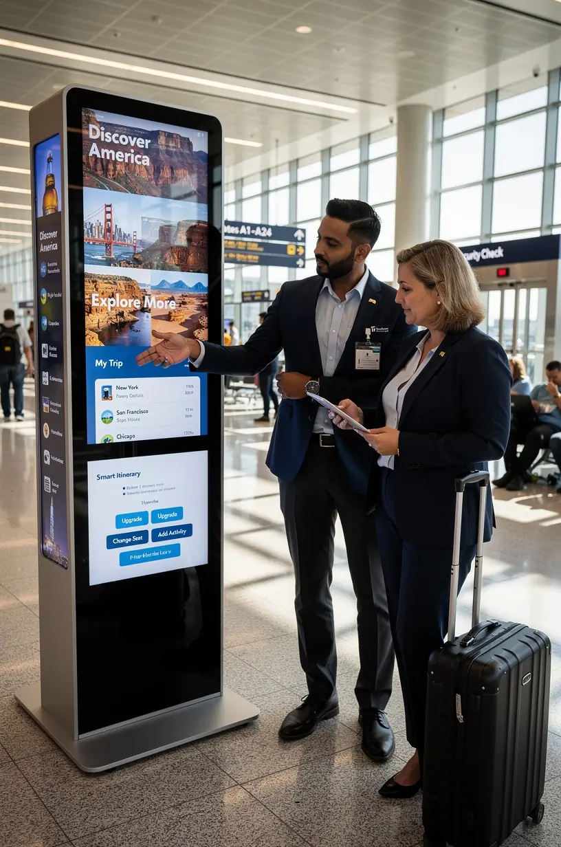 Современный киоск для туристического консьержа в аэропорту с сенсорным экраном и меню персонализированных маршрутов по США